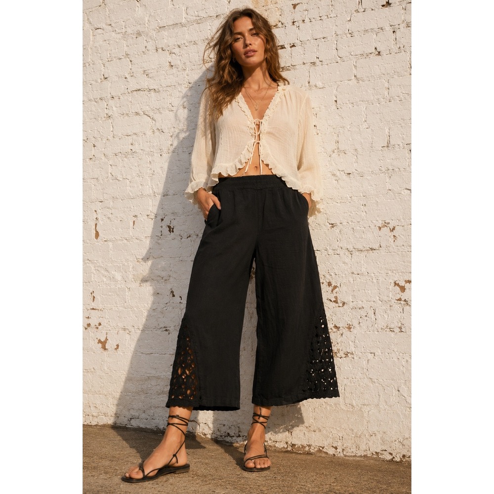 Fenini Black Linen Eyelet Insert Wide Leg Cropped Pants Lagenlook Boho XS